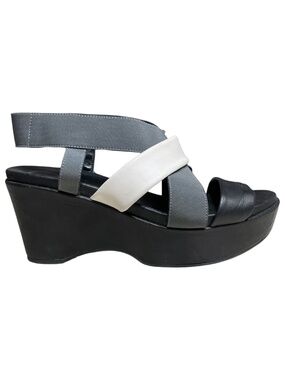 Y2K Chunky Platform Sandals 8 Leather Textile Wedge Open Toe Shoes Gray